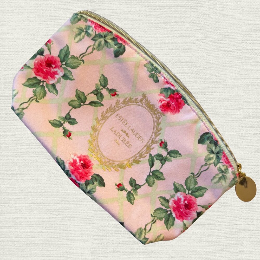 NWOT Estee Lauder & Ladurée Paris Cosmetic Bag. Cute Pink Roses Pattern.